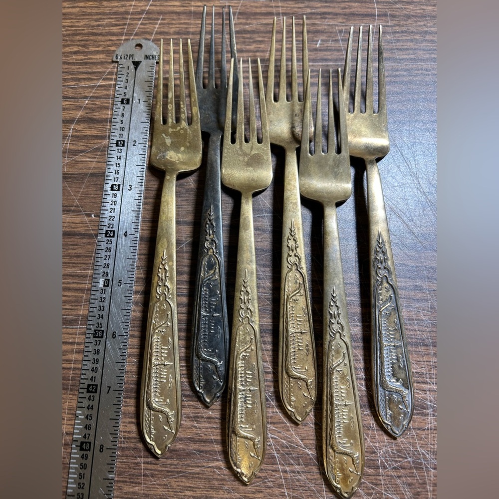 Vintage Brass Flatware Dragon Viking Ship Design Set of 6 Dinner Forks